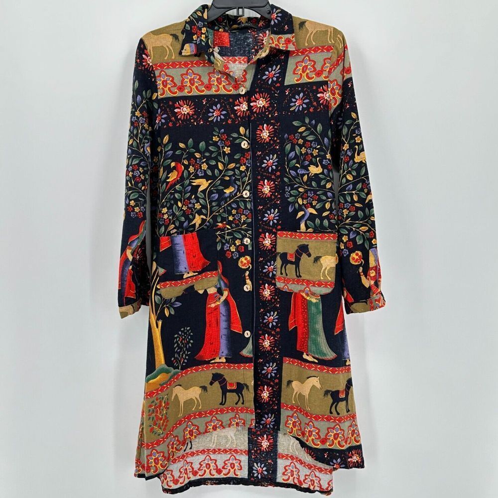 O-Nelue Duster Shirt Dress M Blue Red Floral Boho Arabian Horses Art Cottagecore